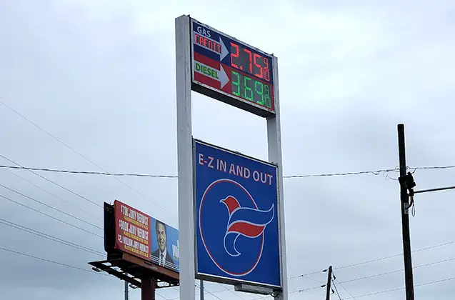 E-Z In and Out Gas Station Pylon Sign with digital signage | Pylon Signs | Sparks Sign Company