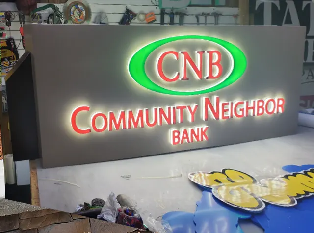 CNB bank sign lighted in build room | Monument Signs | Sparks Sign Company