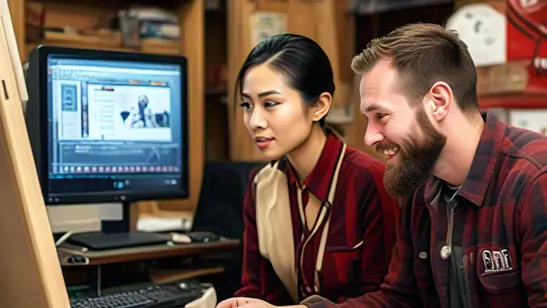 Sign shop owner working with client to design her sign | Sparks Sign Company