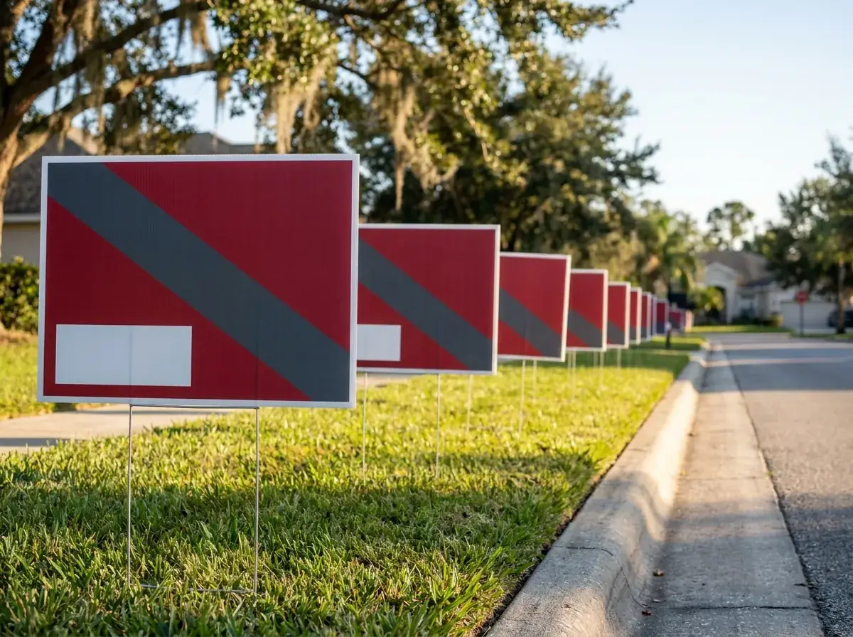 A row of custom yard signs on wire H-stakes along a grassy verge beside a street