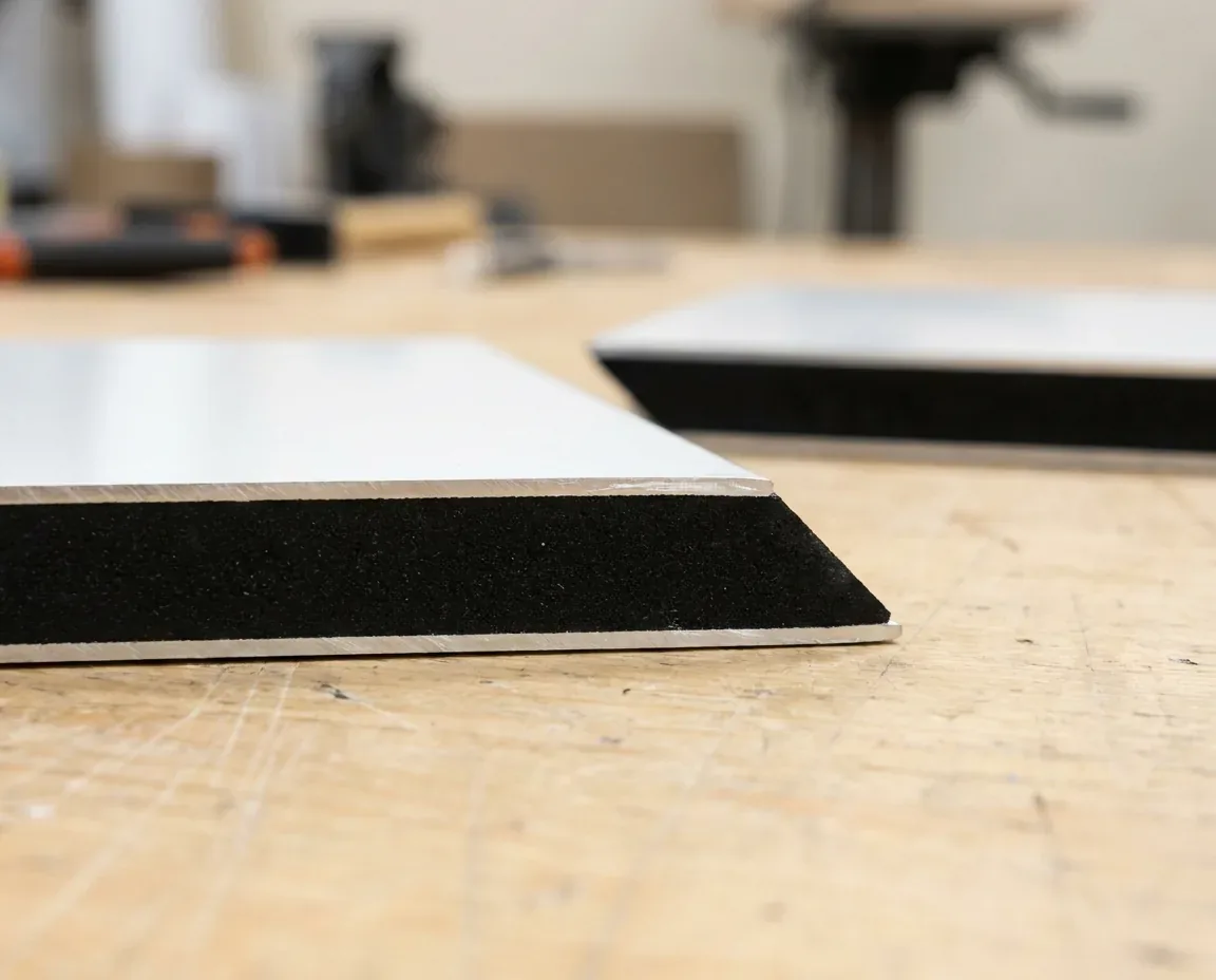 Cut edge of an aluminum composite panel, two thin aluminum sheets bonded to a solid black polyethylene core