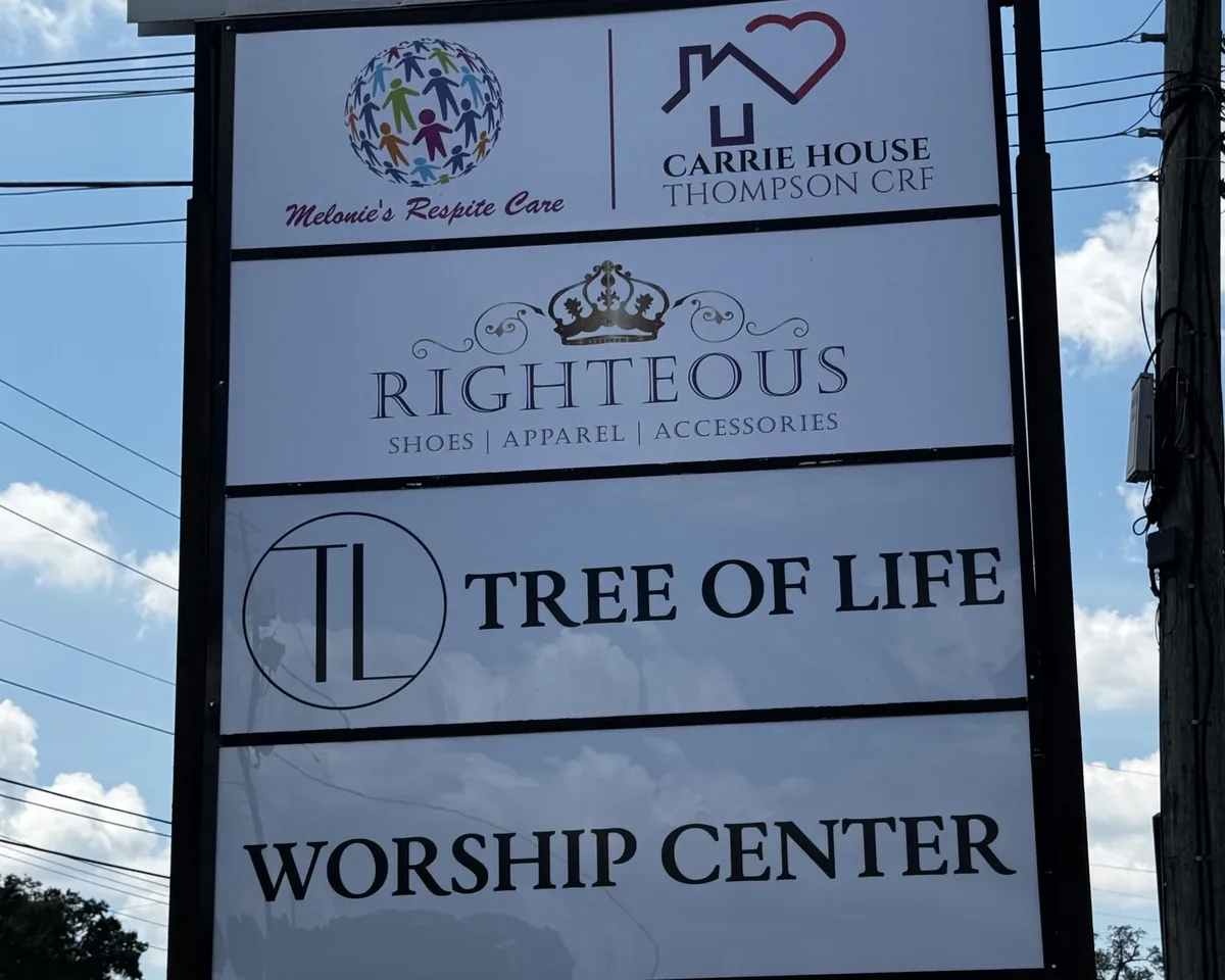 Two-post pylon sign with tenant panels for Melonie's Respite Care and Carrie House Thompson CRF, Righteous, and Tree of Life Worship Center