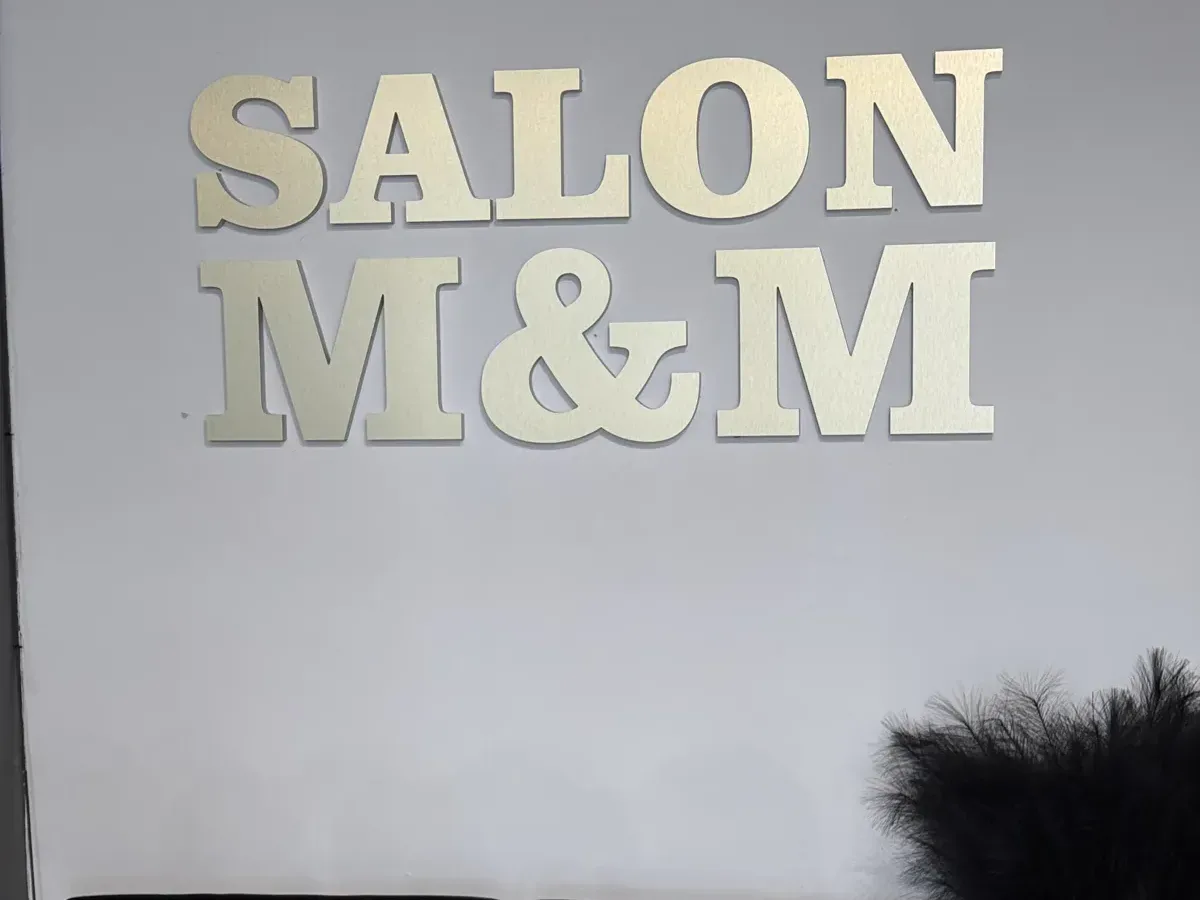 Brushed-metal dimensional letters spelling Salon M&M on a pale salon wall