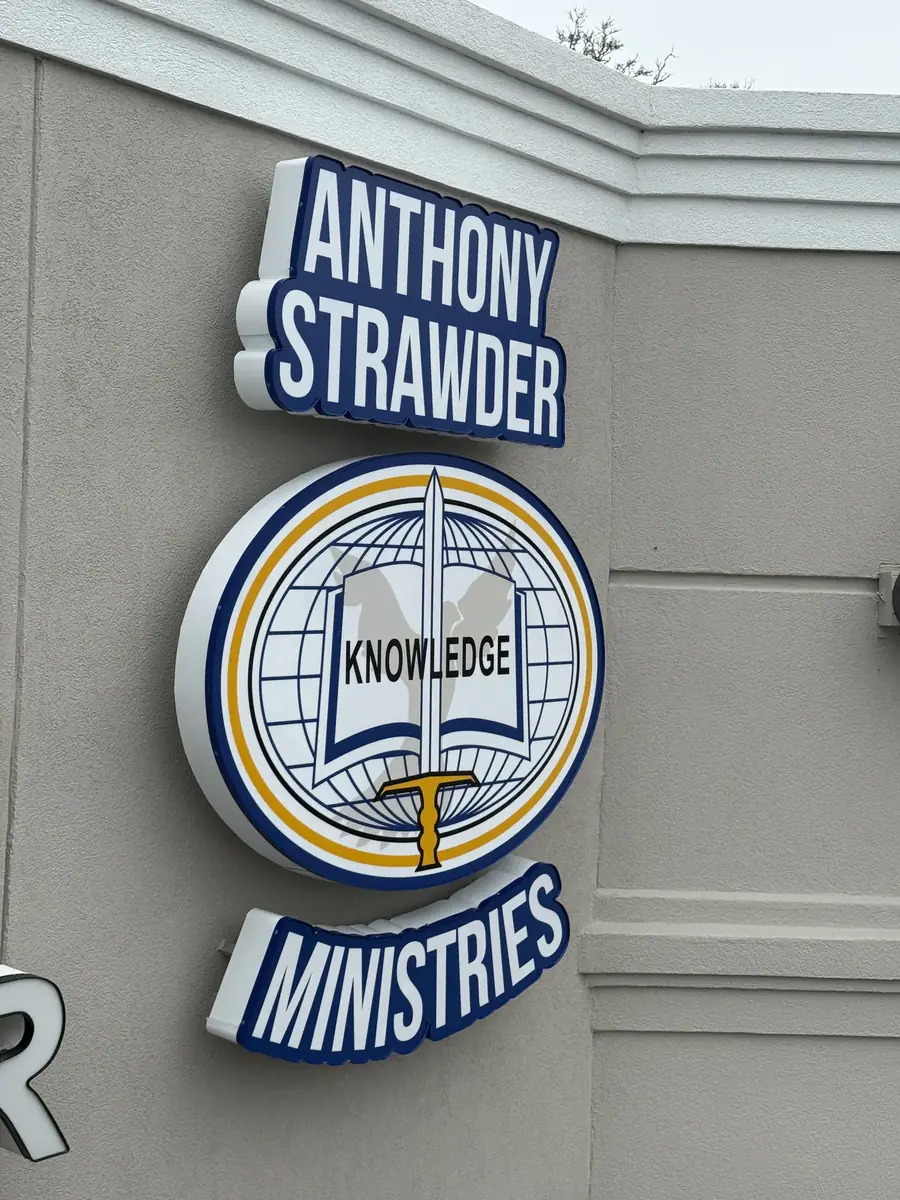 Anthony Strawder Ministries dimensional logo and letters on the storefront corner