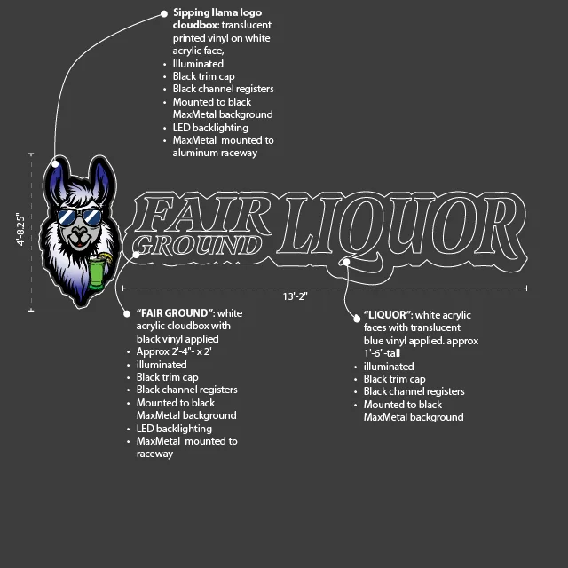 Production drawing of a liquor store sign: a llama mascot in sunglasses beside the outlined store name, with overall dimensions and material notes written around it