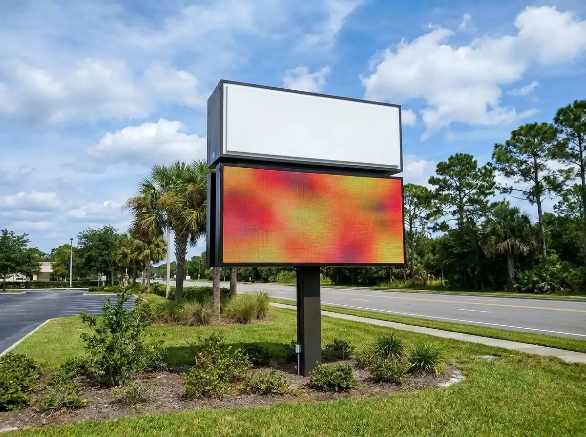 Generated placeholder illustration: a roadside pole sign with a full-color LED message center under a blank sign cabinet