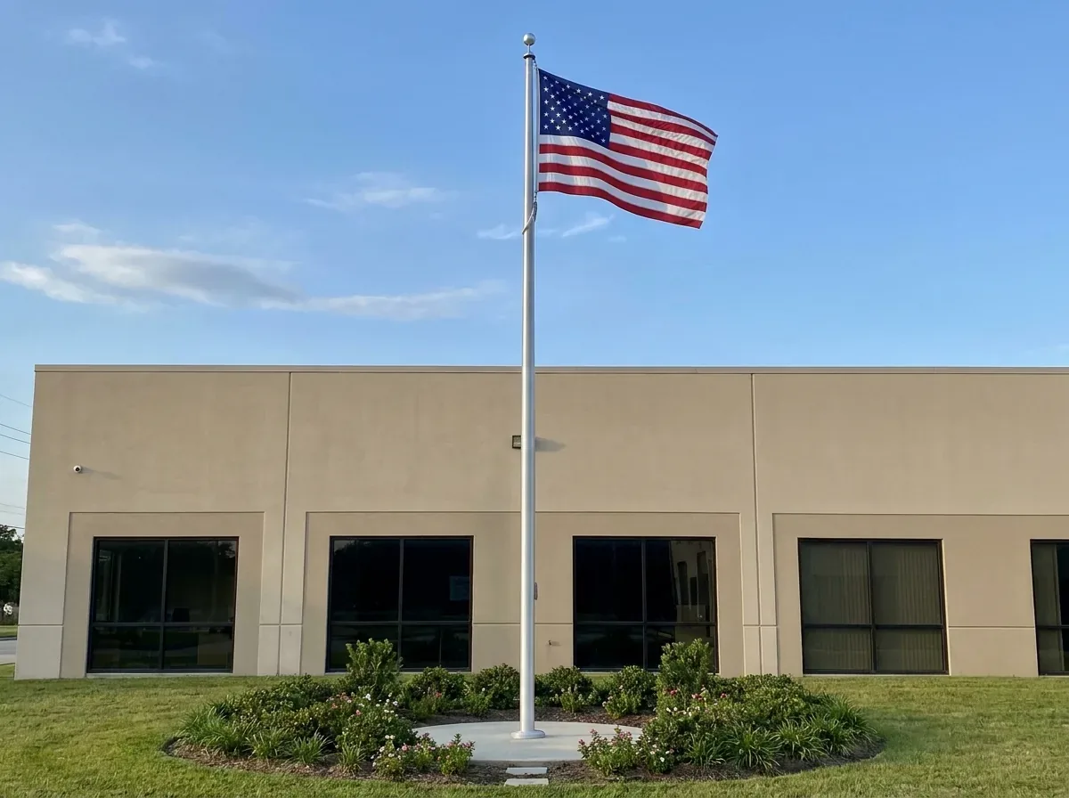A tall aluminum commercial flagpole flying a United States flag in a landscaped bed outside a single-storey commercial building