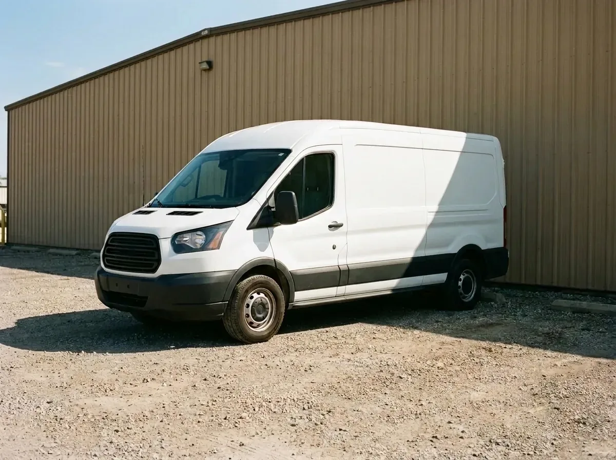 Generated placeholder illustration: a plain white work van parked beside a metal building