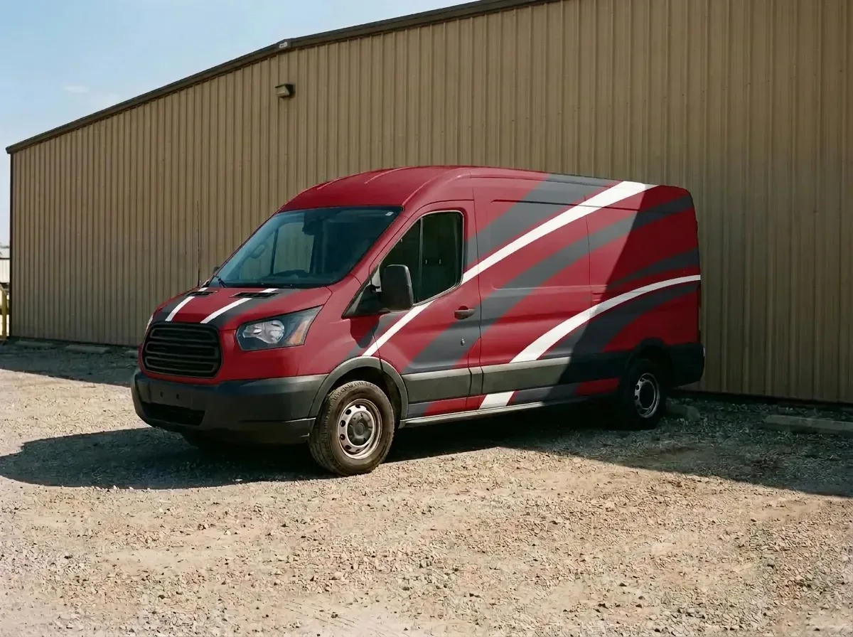 Generated placeholder illustration: the same work van covered in a full red, charcoal and white striped wrap