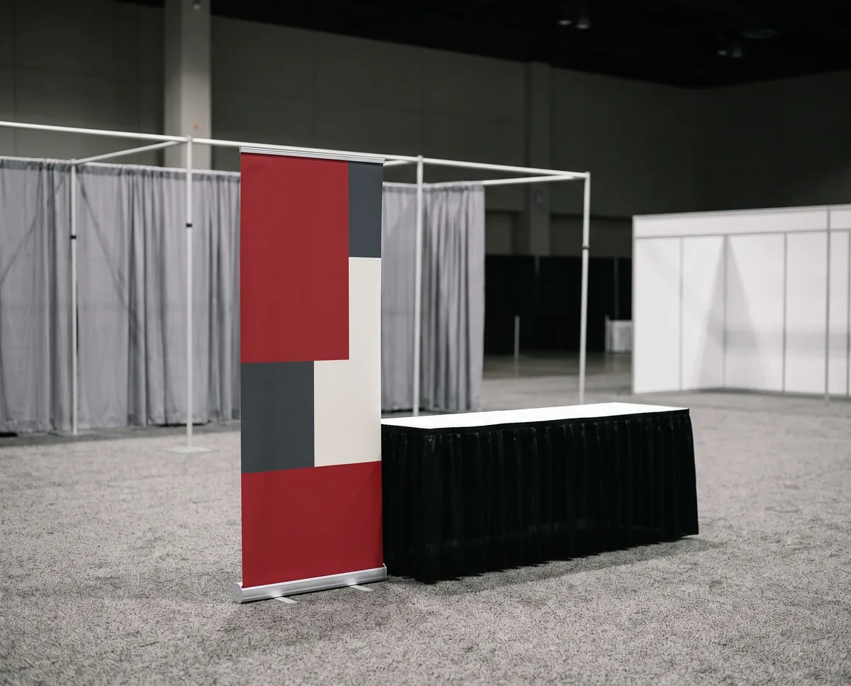 Retractable banner stand with a red, charcoal and white colour-block graphic beside a skirted table in an exhibition hall
