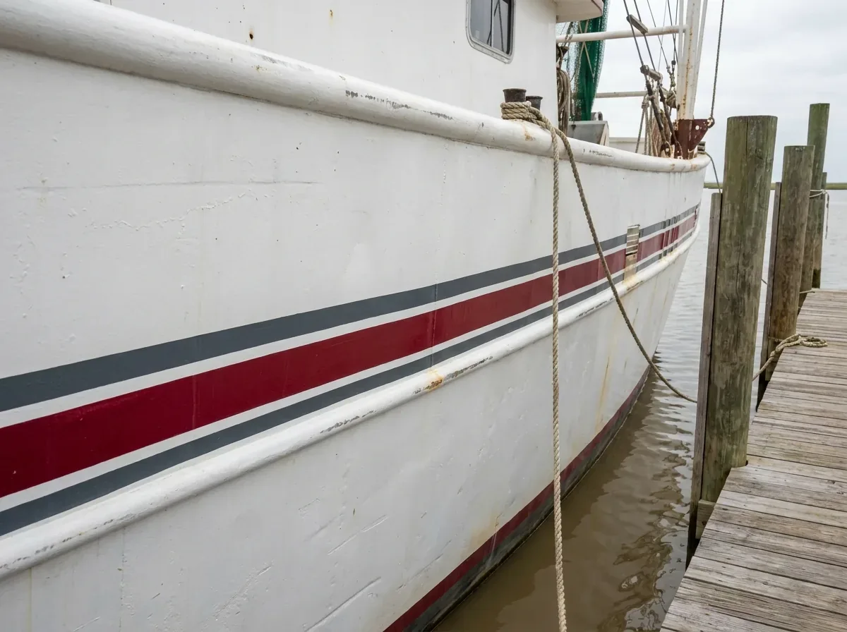 Generated placeholder: red and charcoal stripe graphics along the white hull of a work boat moored at a wooden dock